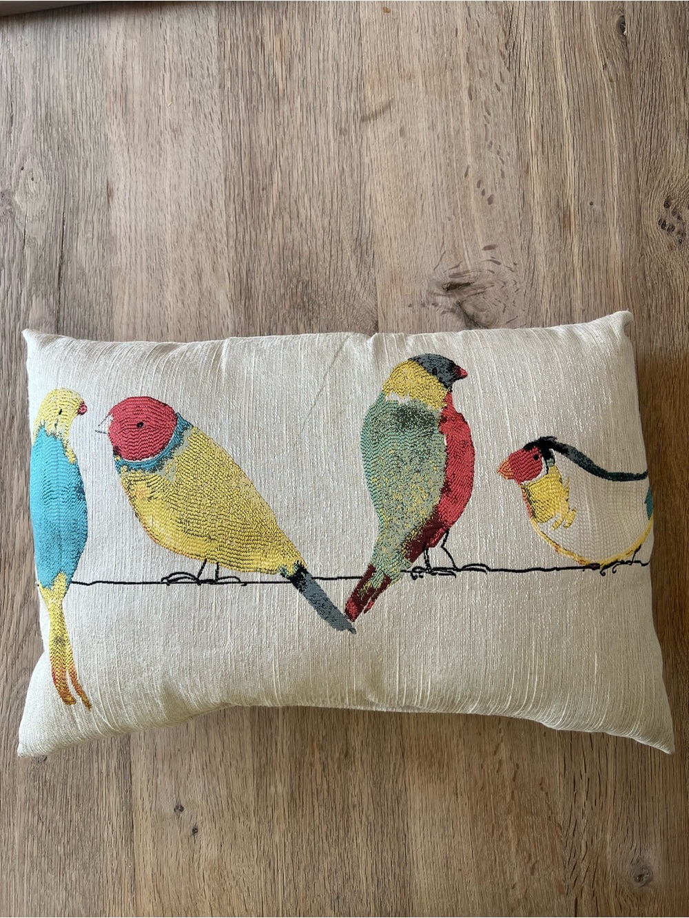 Embroidered Colorful Bird Ivory Lumbar Decorative Throw Pillow